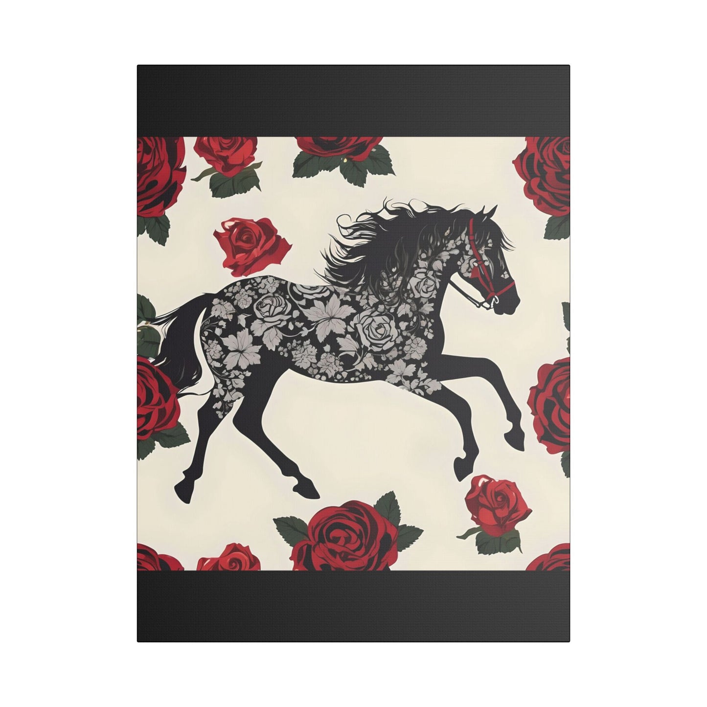 Art Print Canvas, Wall Decor, Satin Stretched Canvas, Equestrian Art, Office Decor, Home Decor - Horse & Roses