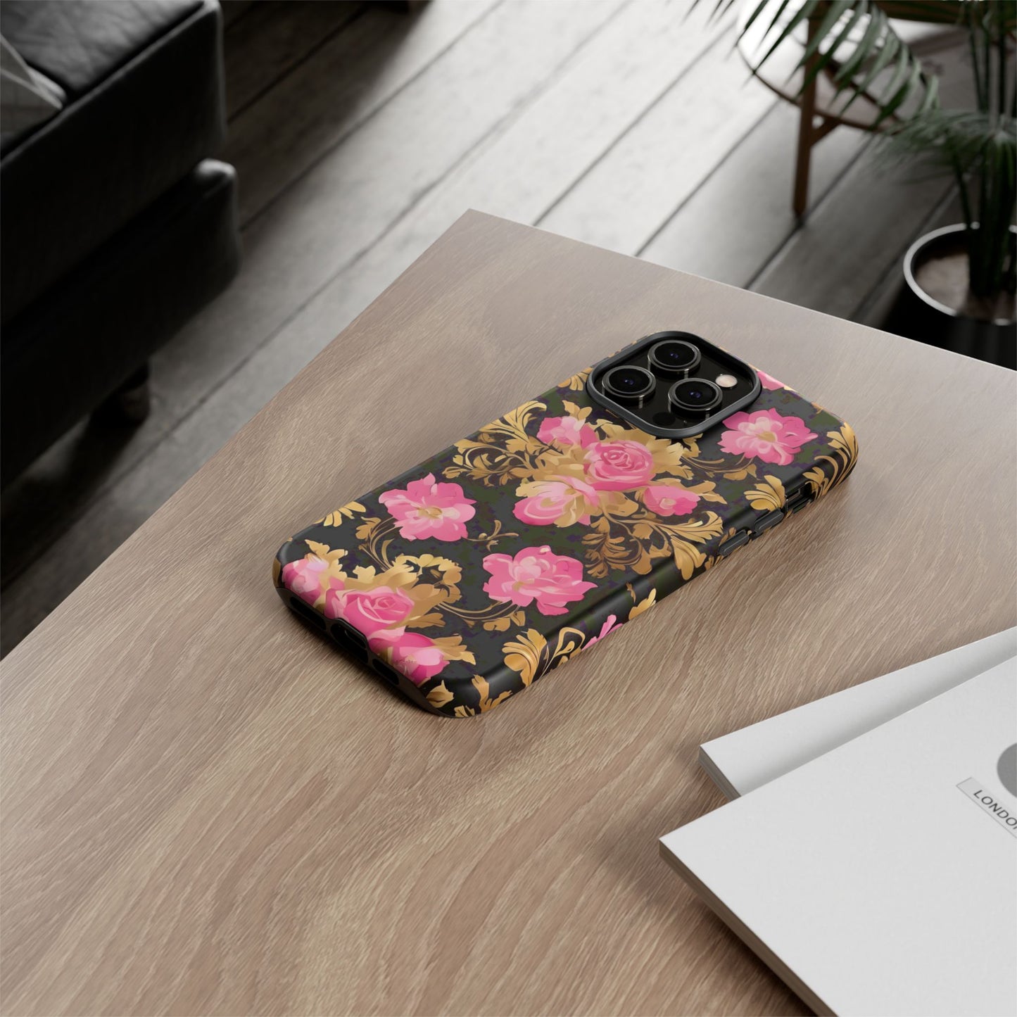 Elegant Floral Motif Phone Case - Tough Cases with Vintage Design - Pink & Gold Roses