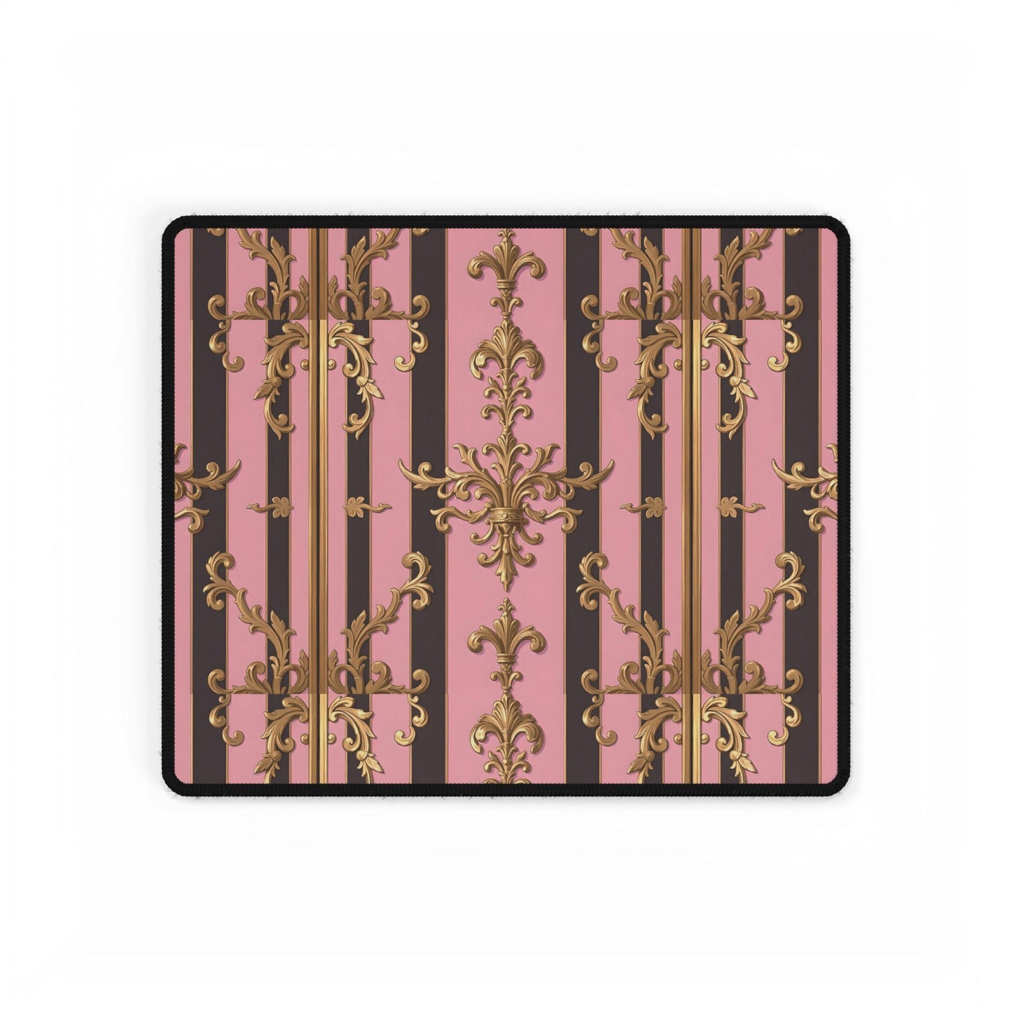 Elegant Floral Motif Desk Mat for Home Office Decor - Pink & Brown Striped Gold Damask