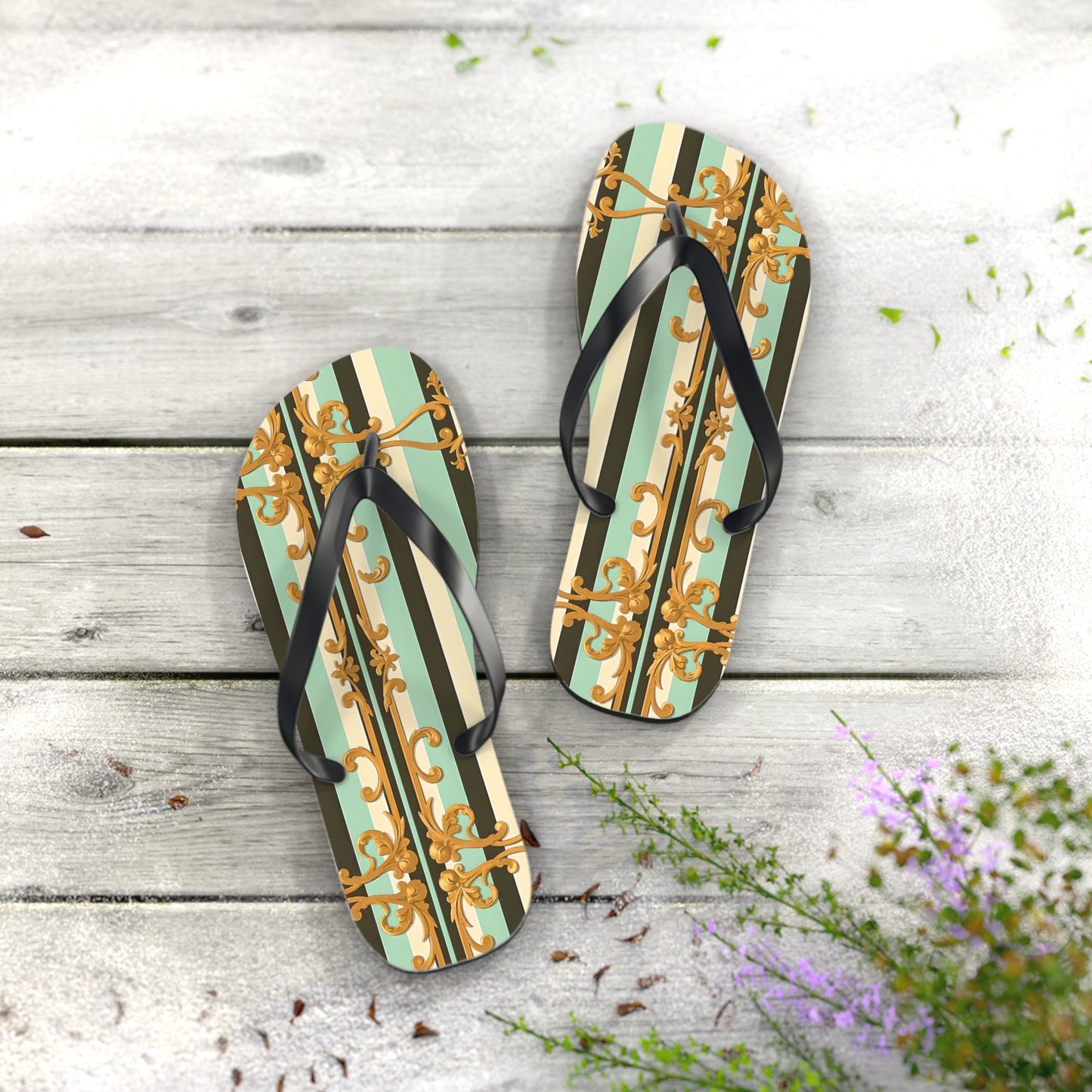 Elegant Patterned Flip Flops, Summer Sandals, Vacation Footwear, Beach Day Slippers, Festival Essentials - Black & Matte Mint Striped Rococo