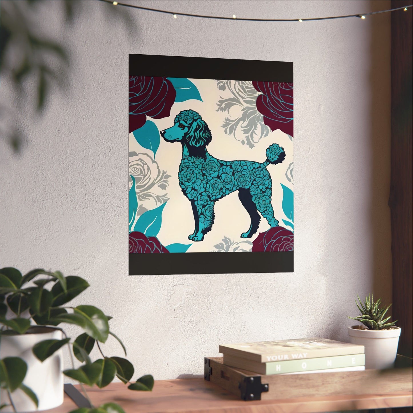 Vertical Poster - Elegant Matte Floral Art Wall Decor - Rose Inspired Turquoise Poodle With Burgundy Roses