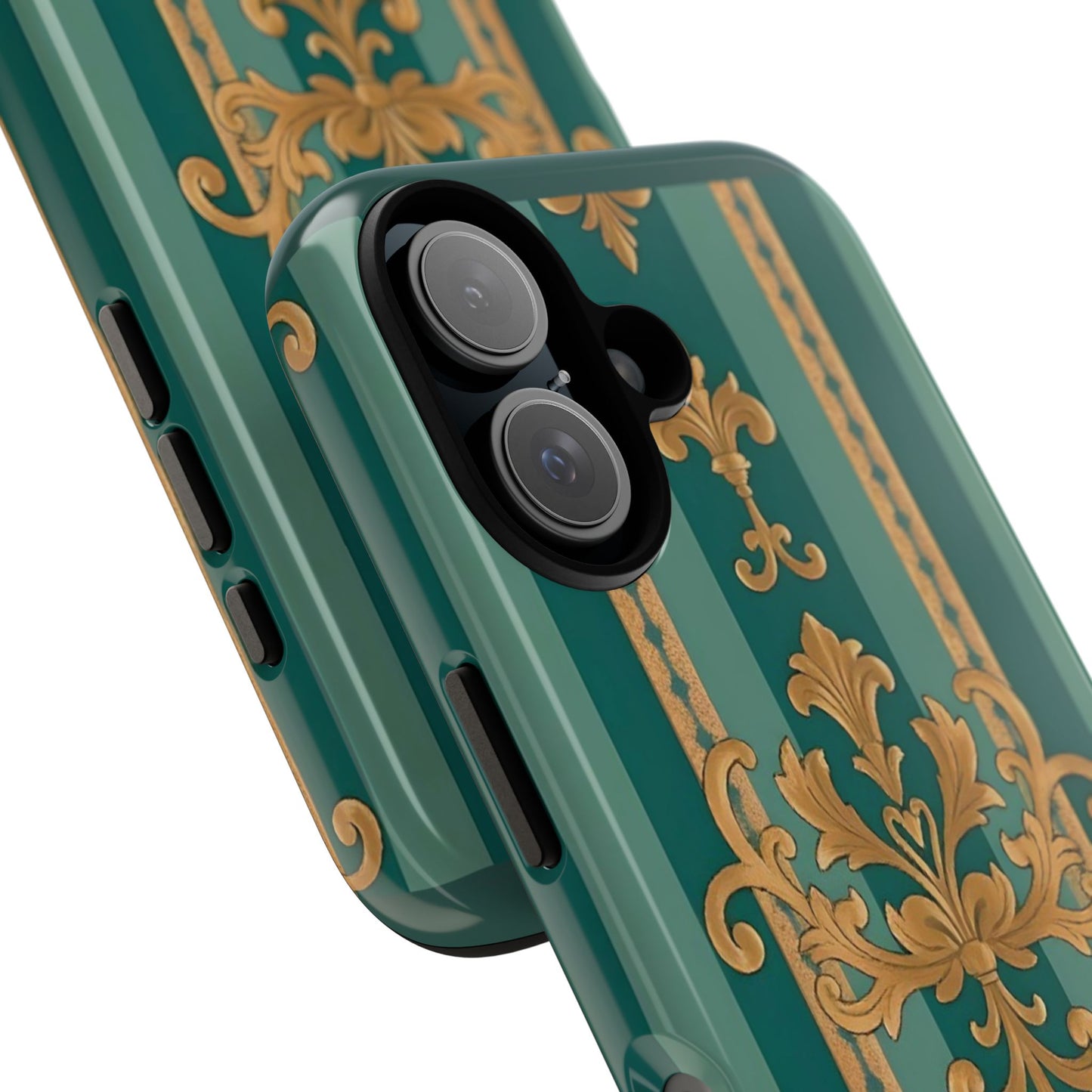 Elegant Floral Motif Phone Case - Tough Cases with Vintage Design - Teal Striped Gold Damask