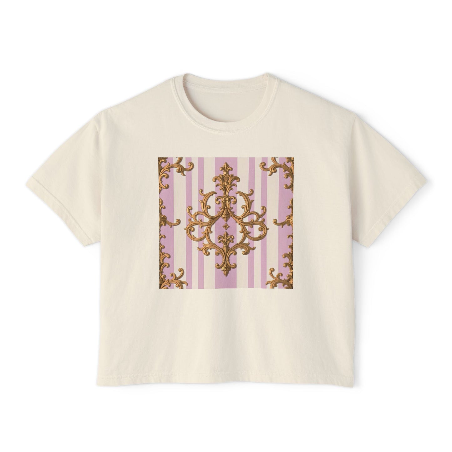 Chic Baroque Women's Boxy Tee, Stylish Cropped T-Shirt, Casual Top, Summer Boxy Tee, Baroque Print Shirt - Lilac & Alabaster Striped Gold Baroque