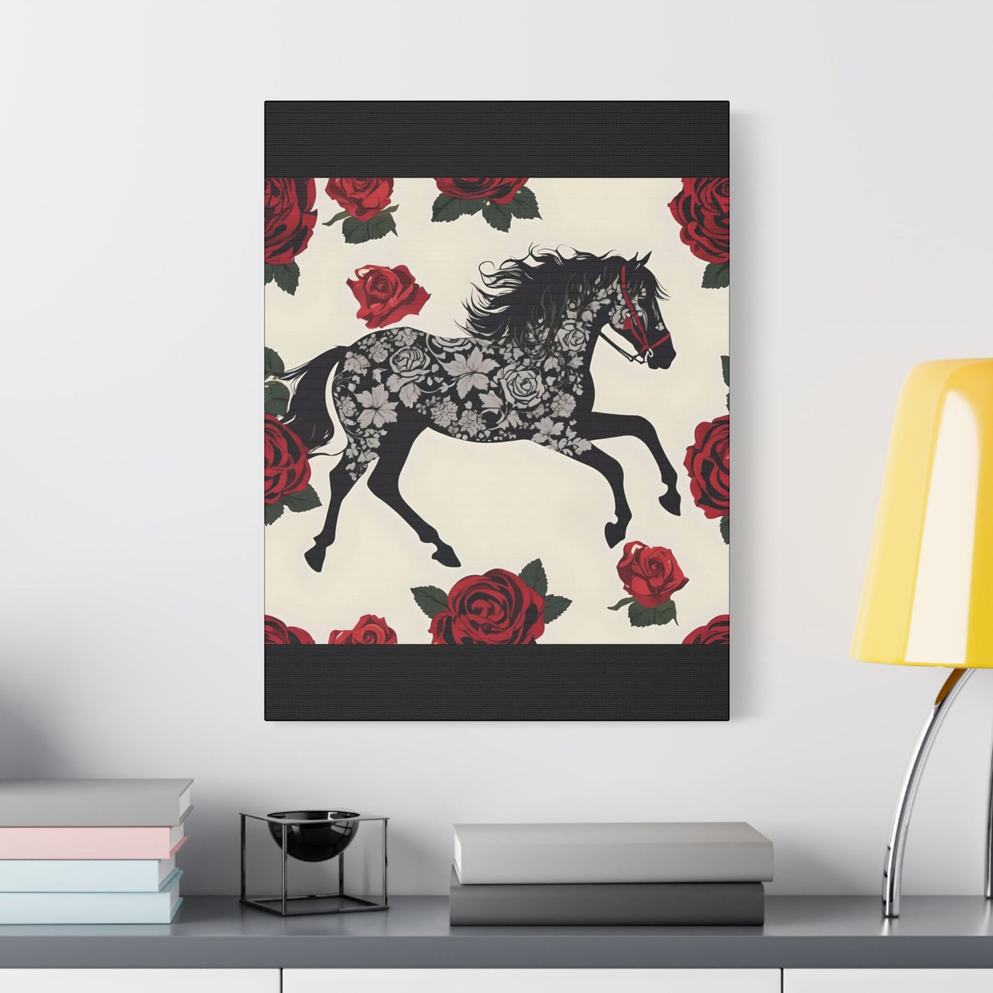 Art Print Canvas, Wall Decor, Satin Stretched Canvas, Equestrian Art, Office Decor, Home Decor - Horse & Roses