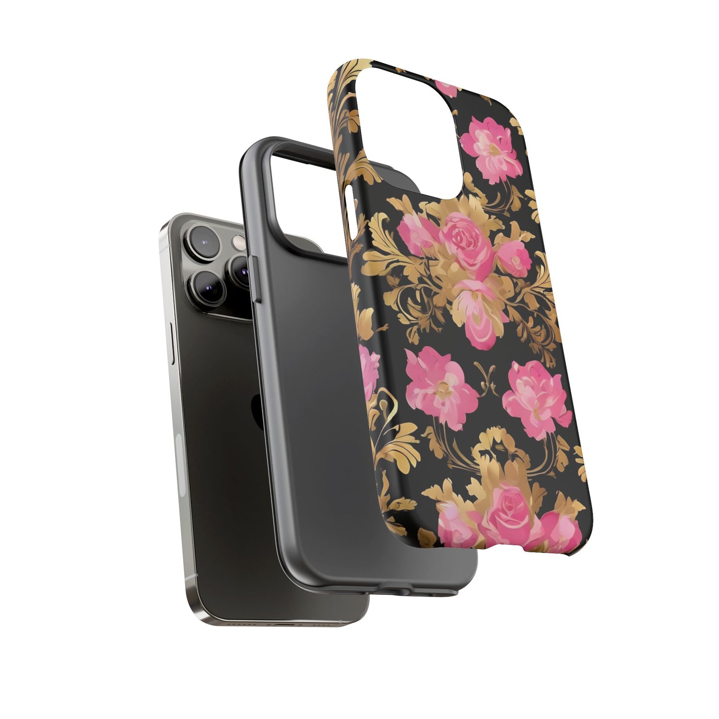 Elegant Floral Motif Phone Case - Tough Cases with Vintage Design - Pink & Gold Roses