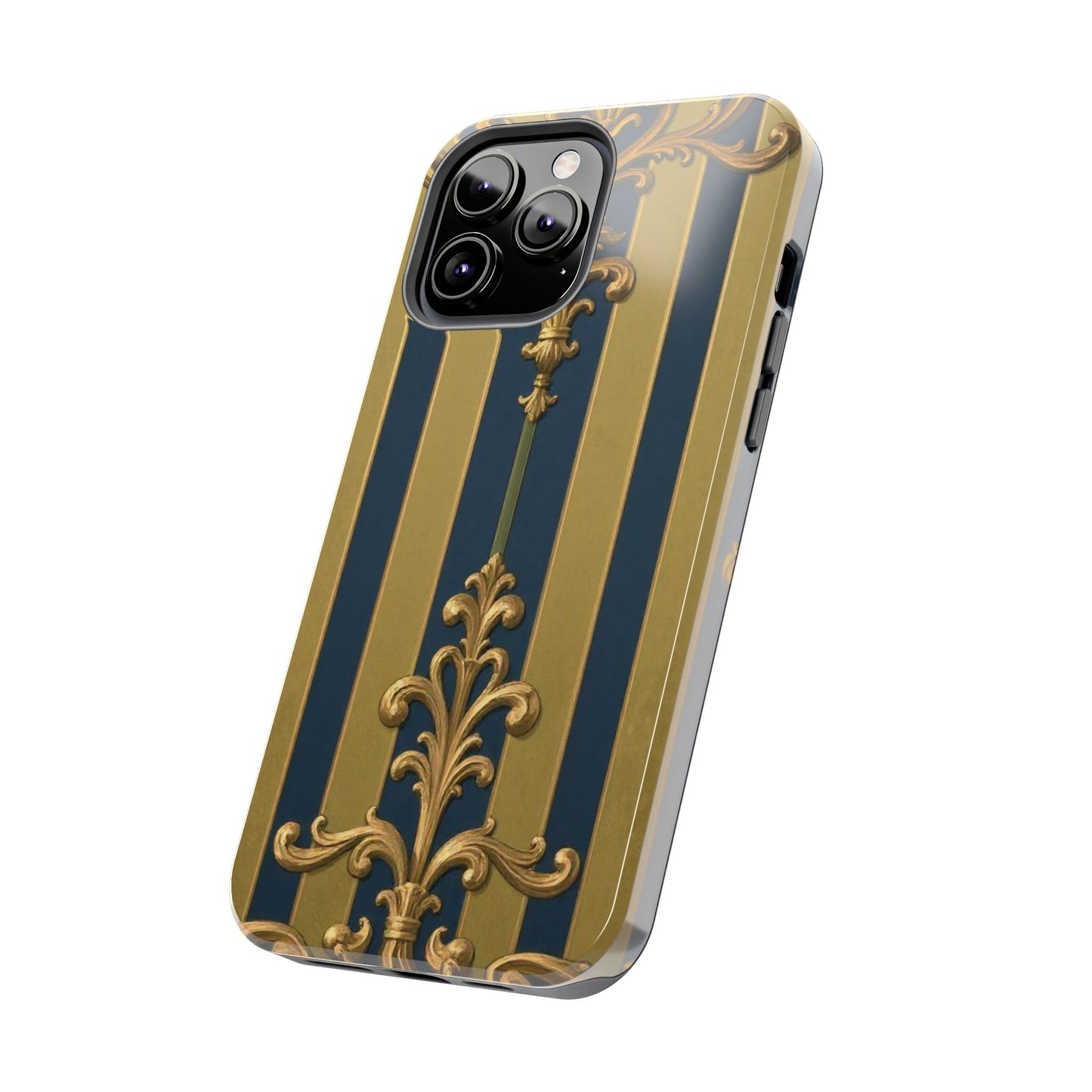 Elegant Midnight Blue & Olive Striped Gold Baroque Tough Phone Case, Phone Cover, Durable Case for Protection, Stylish Gift for Him/Her