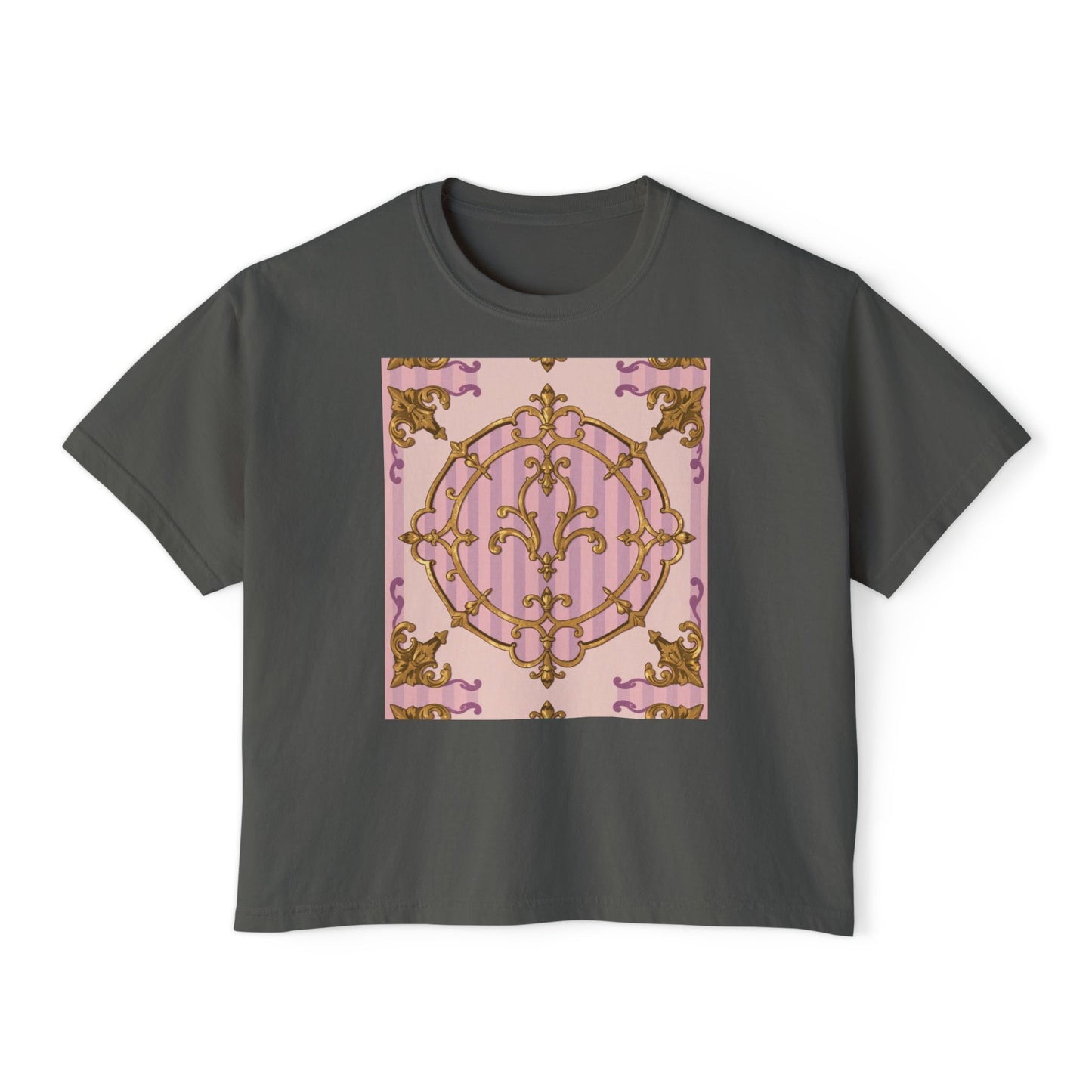 Chic Women's Boxy Tee with Elegant Lavender & Alabaster Striped Gold Baroque Design, Casual Top, Birthday Gift, Stylish Tee, Everyday Wear