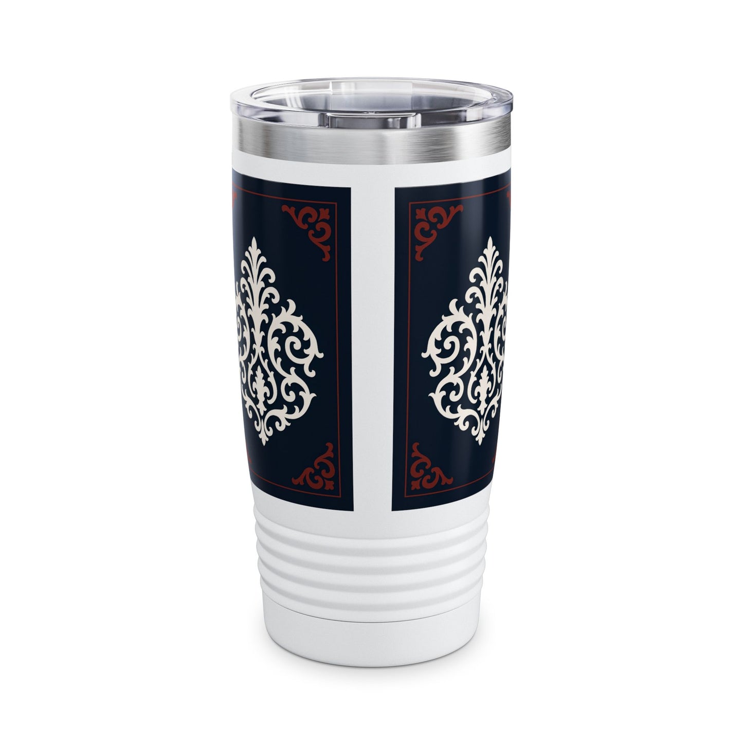 Dusk Blue-Maroon & White Baroque 20oz Ringneck Tumbler with Classic Baroque Design — Elegant Travel Mug