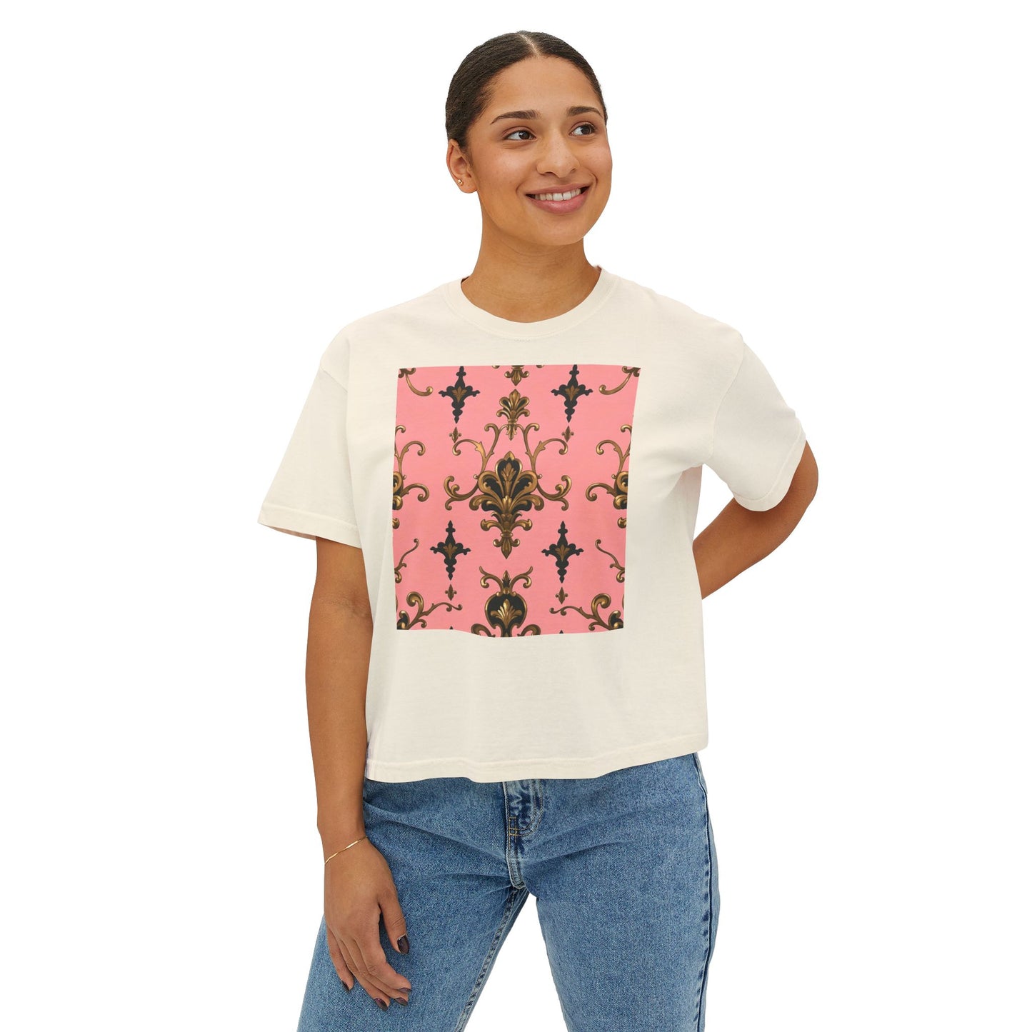 Vintage Floral Women's Boxy Tee, Casual Summer Top, Retro Fashion, Gifts for Her - Pink, Black & Gold Rococo