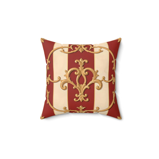 Elegant Faux Suede Square Pillow with Gold Ornate Design - Alabaster & Dusk Orange Striped Baroque