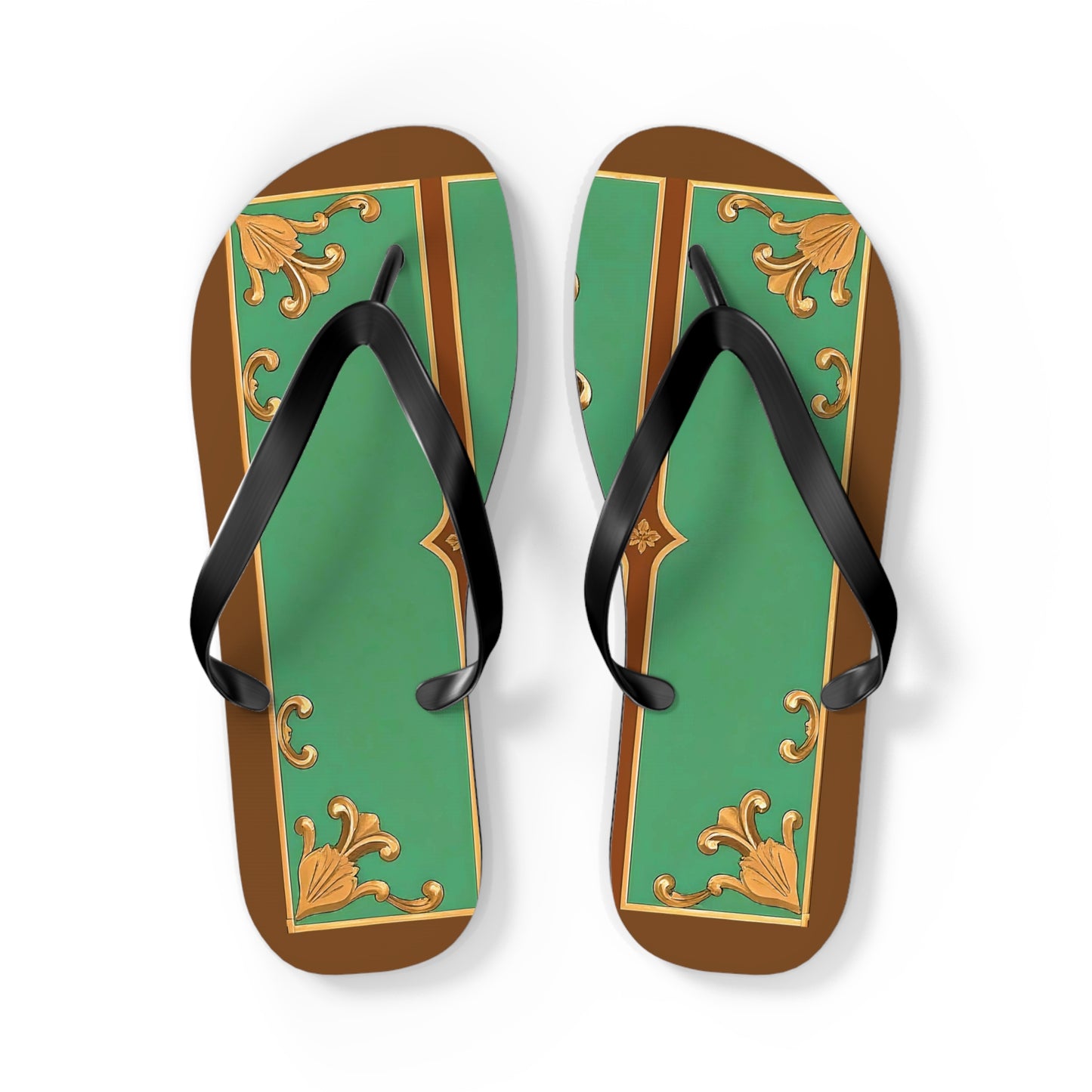 Elegant Floral Flip Flops for Summer Getaways - Rust & Green Striped Baroque