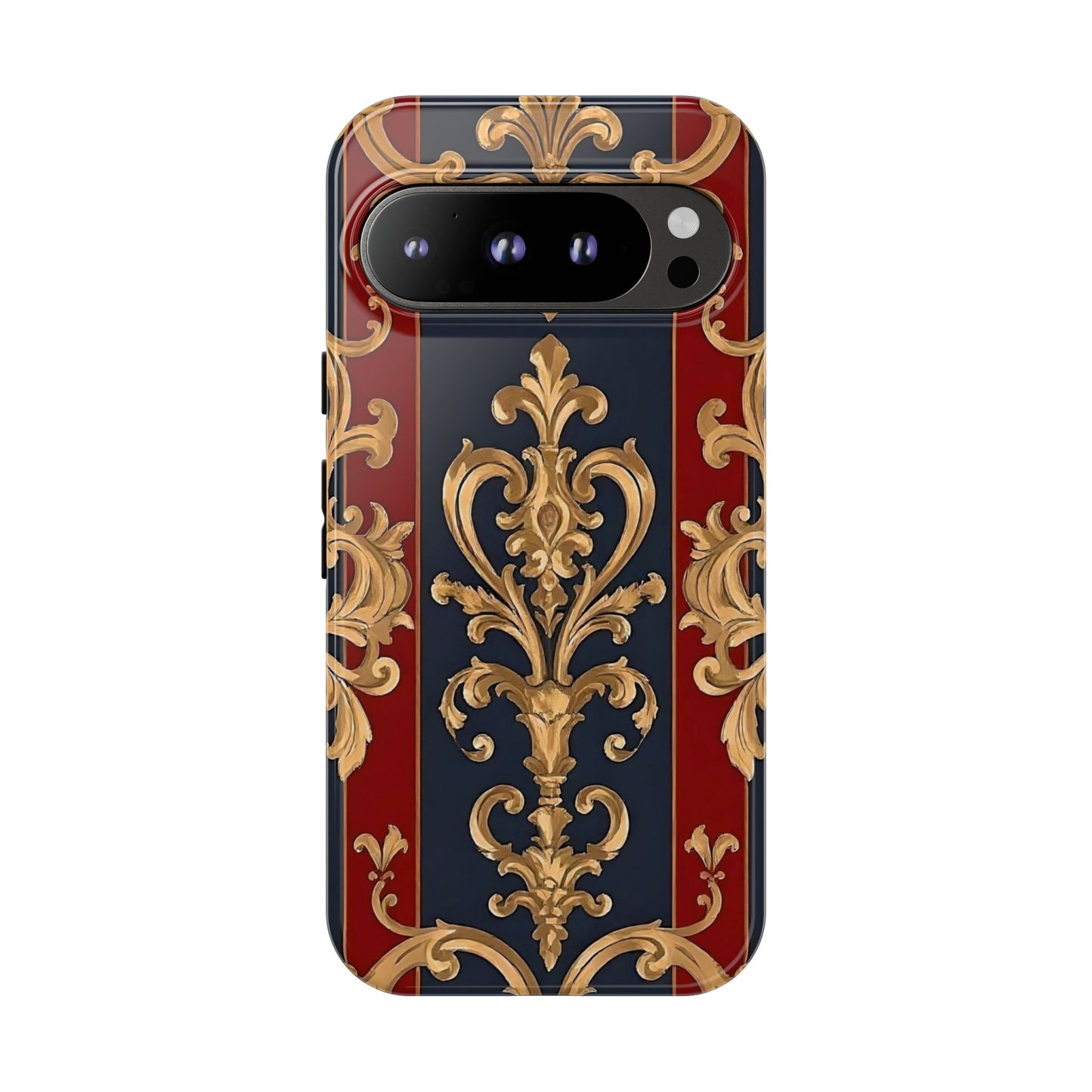 Elegant Floral Motif Phone Case - Tough Cases with Vintage Design - Midnight Blue & Dusk Red Striped Gold Damask
