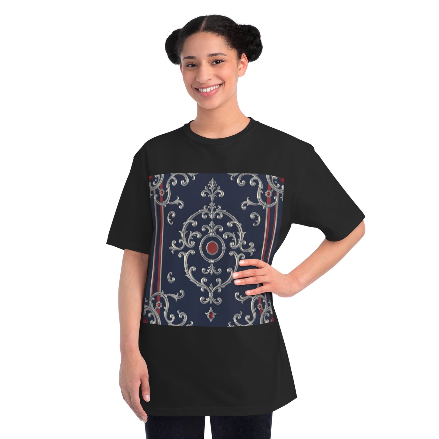 Vintage Pattern Organic Unisex T-Shirt | Baroque Style Tee, Casual Wear, Unique Gift, Eco-Friendly Fashion - Blue & Red Striped Silver Baroque