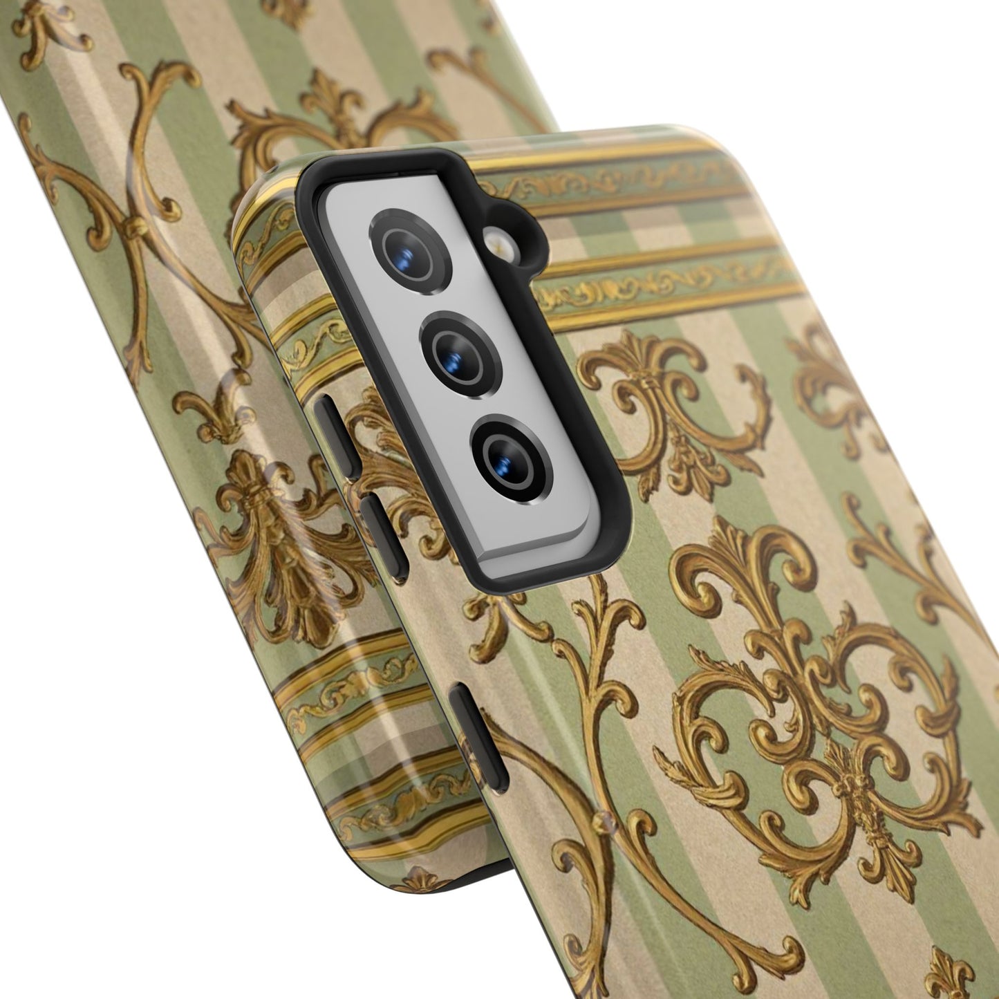 Vintage Elegance Phone Case, Tough Phone Cases for Style, Gift for Birthdays, Stylish Protection - Mint Green & Beige Striped Gold Baroque