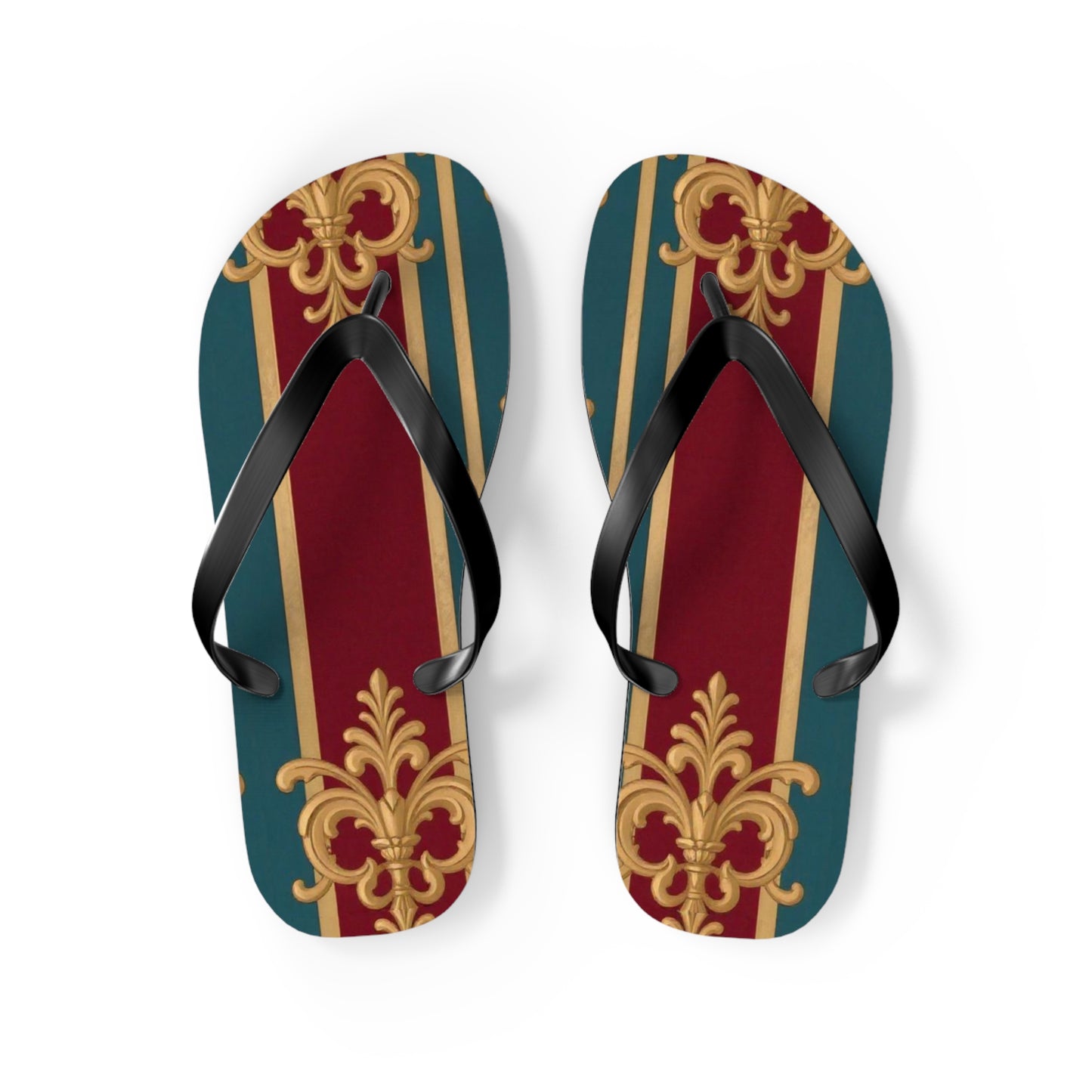 Elegant Floral Pattern Flip Flops, Stylish Beach Footwear, Summer Accessories, Vacation Sandals - Burgundy Striped Gold Baroque