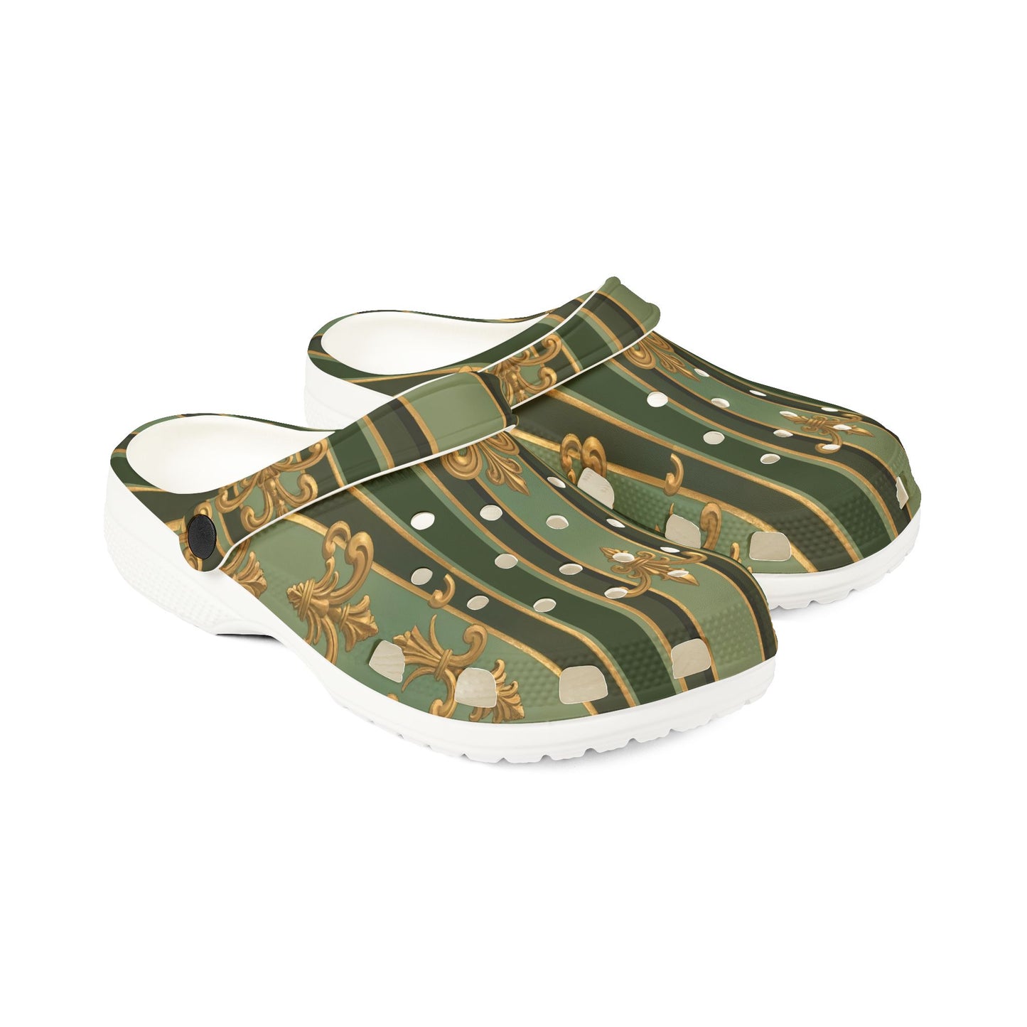 Stylish AOP EVA Foam Clogs, Trendy Foam Shoes for Comfort, Garden Sandals, Summer Outdoor Footwear - Green Striped Gold Baroque