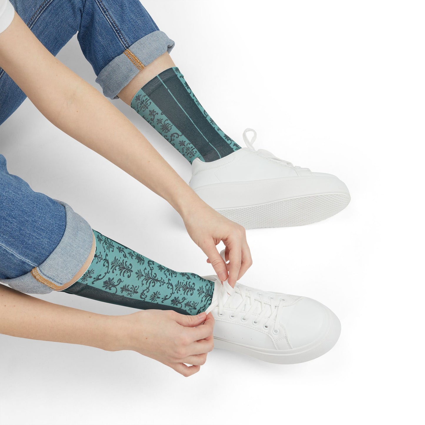 Stylish Sublimation Crew Socks - Trendy, Unique Gift, Personalized Fashion, Cozy Homewear, Sock Lovers, Perfect for Holidays - Teal Striped Rococo