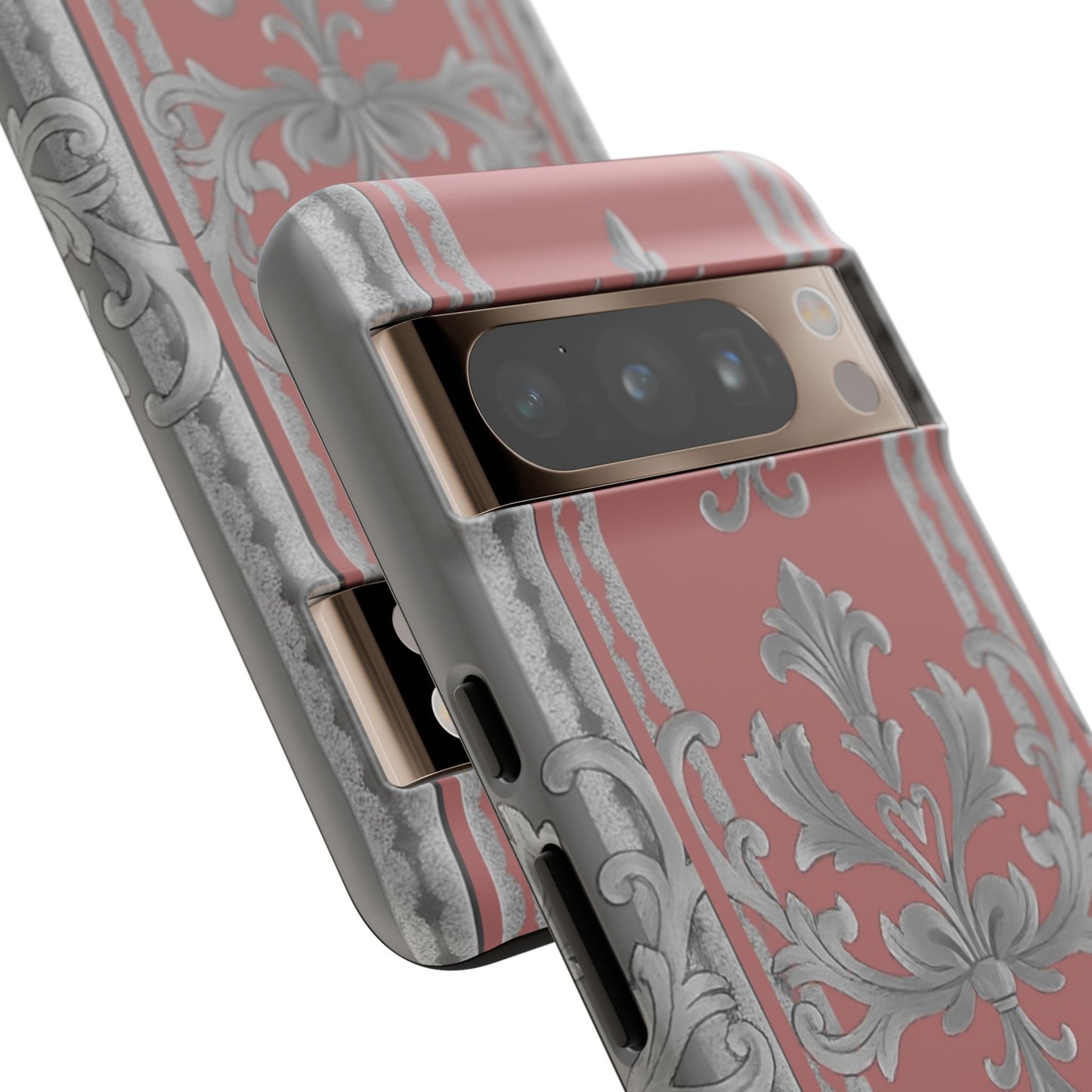 Elegant Floral Phone Case - Tough Cases for Stylish Protection - Gray & Mauve Striped Baroque
