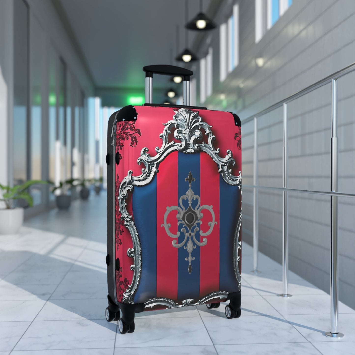 Elegant Travel Suitcase, Lightweight Luggage, Stylish Carry-On, Perfect for Vacation, Unique Gift for Travelers - Blue & Red Striped Silver Crest