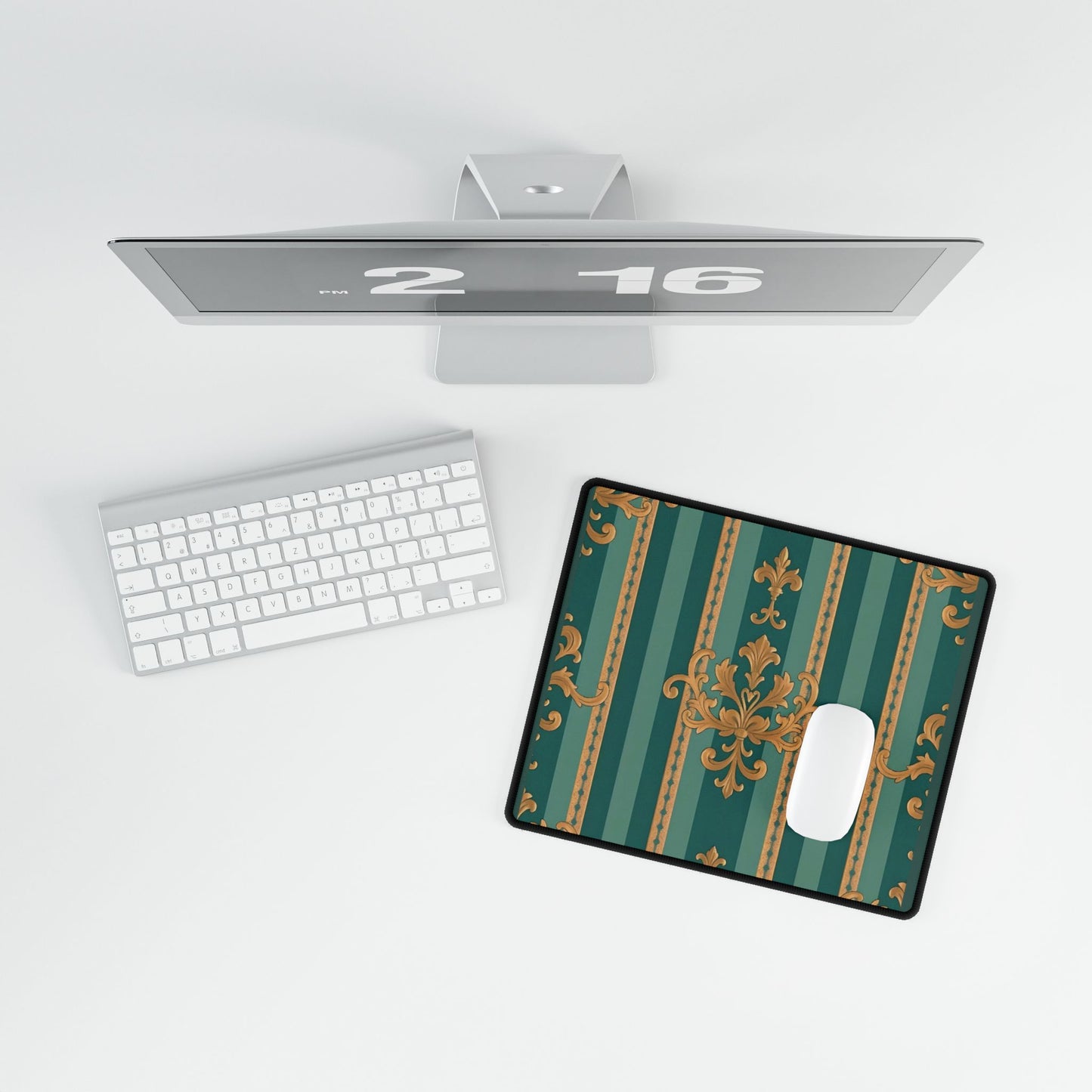 Elegant Floral Motif Desk Mat for Home Office Decor - Teal Striped Gold Damask