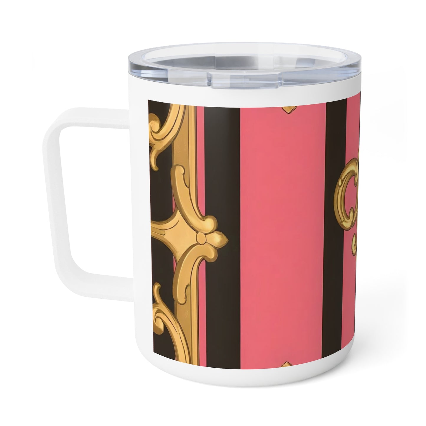 Chic Insulated Coffee Mug - Elegant Gold Design, Perfect Gift for Tea Lovers, Stylish Travel Mug - Pink & Black Striped Gold Baroque