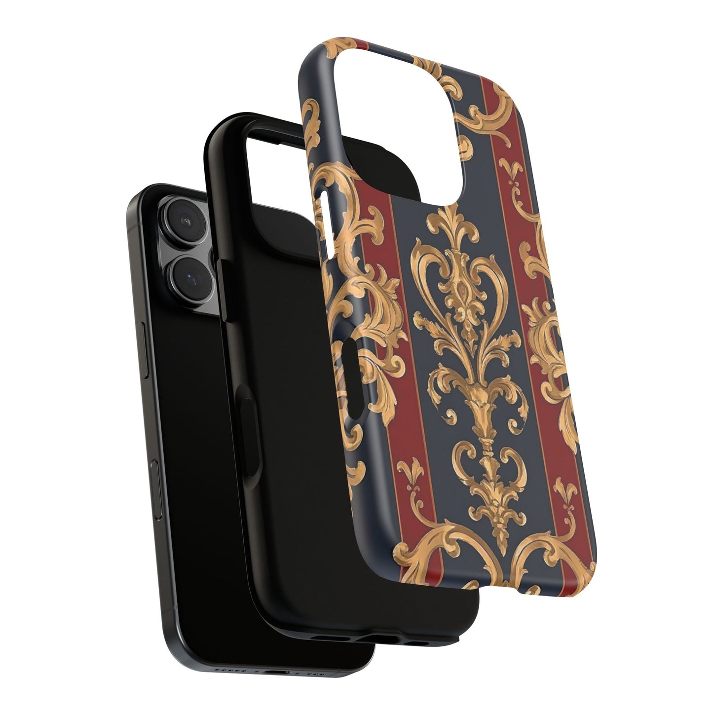 Elegant Floral Motif Phone Case - Tough Cases with Vintage Design - Midnight Blue & Dusk Red Striped Gold Damask