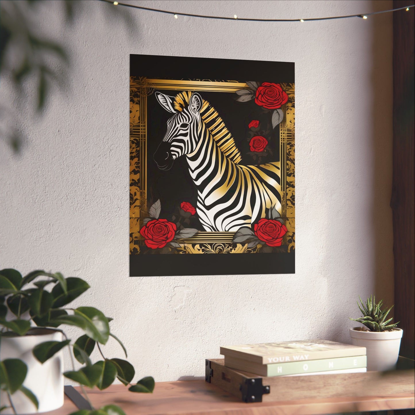 Floral Art Poster - Elegant Matte Vertical Wall Decor - Zebra With Roses