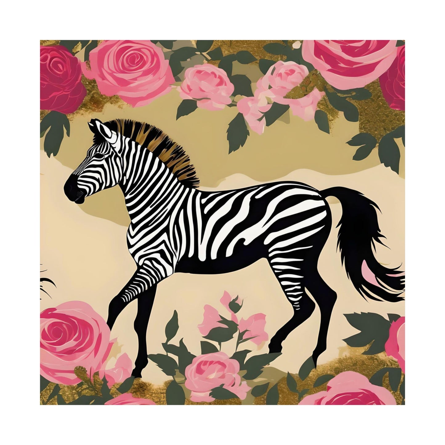 Floral Art Poster - Elegant Matte Vertical Wall Decor - Zebra In Olive & Pink Roses