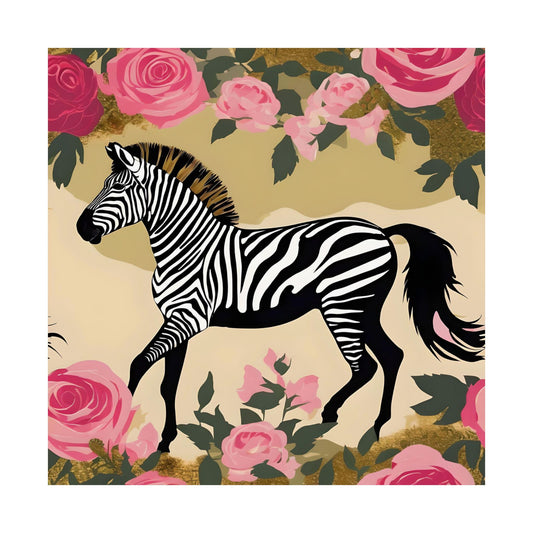 Floral Art Poster - Elegant Matte Vertical Wall Decor - Zebra In Olive & Pink Roses