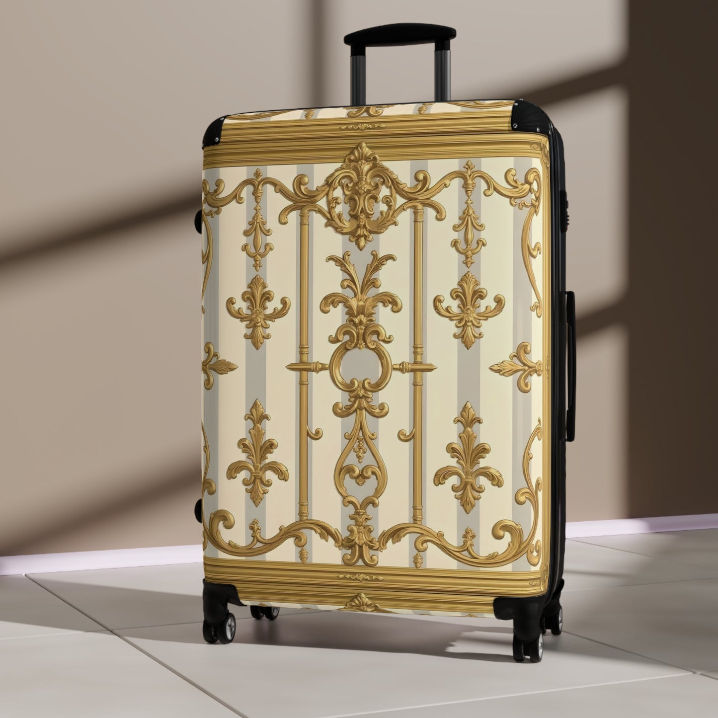 Elegant Travel Suitcase with Vintage Gold Design, Stylish Luggage, Fashionable Carry-On, Travel Gifts - Matte Gray & Cream Striped Gold Baroque
