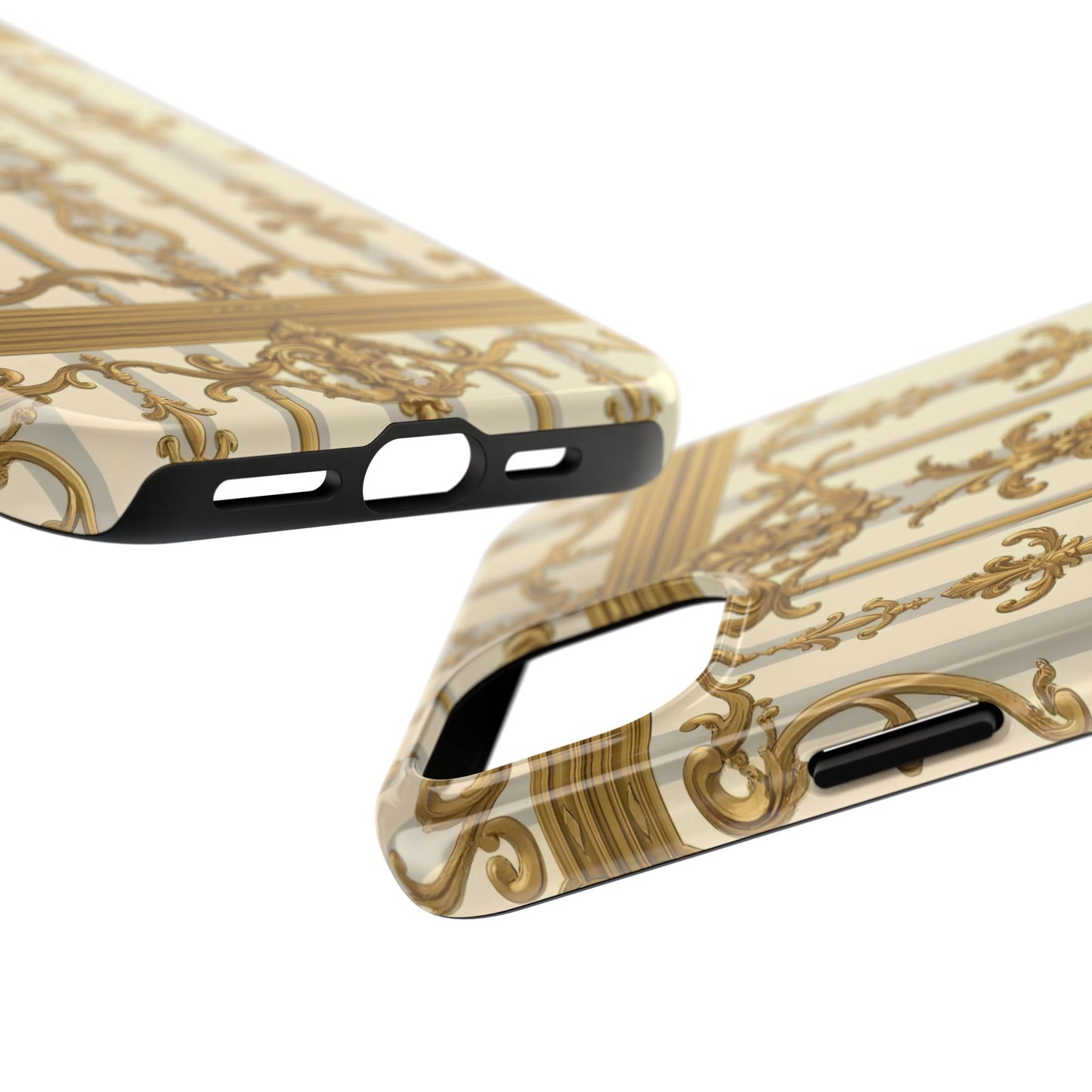 Elegant Gold Pattern Tough Phone Cases | Stylish Phone Covers, Trendy Cell Phone Accessories - Matte Gray & Cream Striped Gold Baroque
