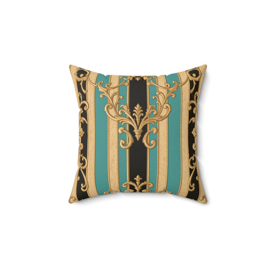 Elegant Black, Tan & Ocean Green Striped Gold Baroque Faux Suede Pillow, Decorative Cushion, Vintage Boho Decor,  Luxurious Throw Pillow