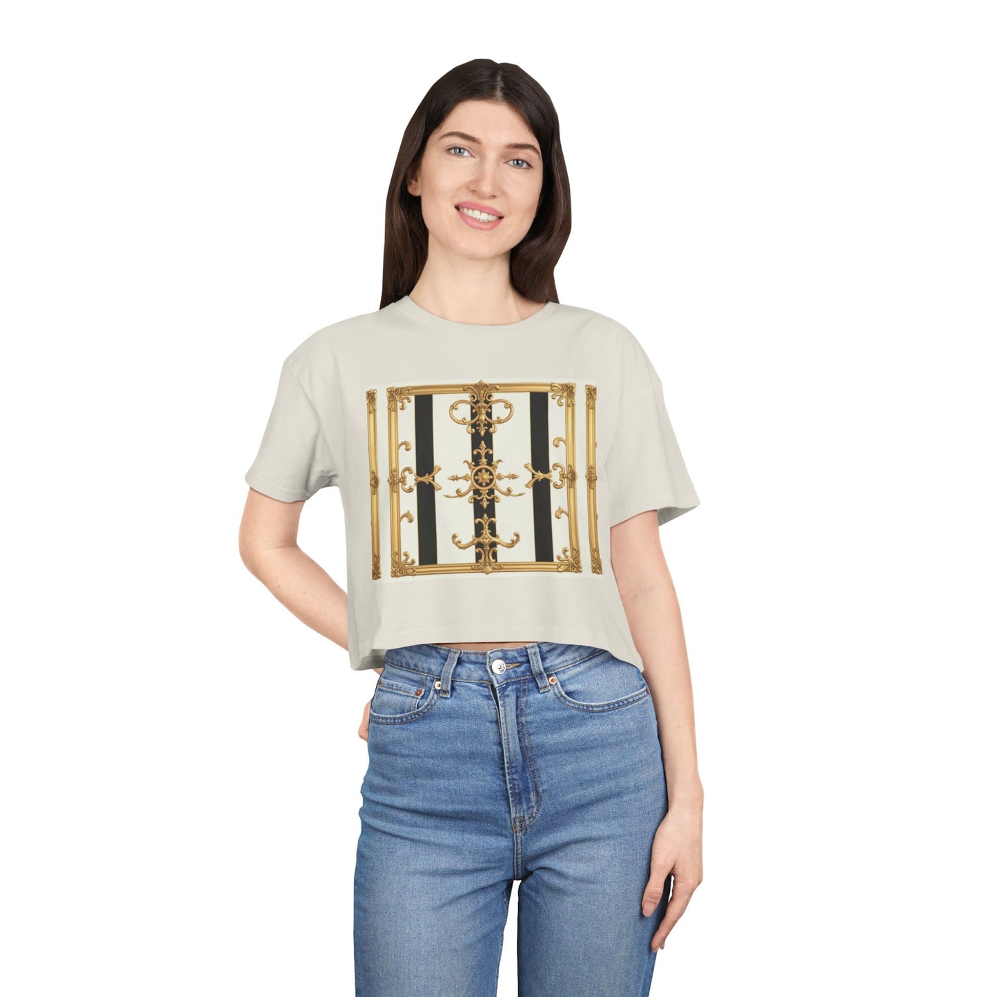 Chic Gold Baroque Women's Crop Tee, Stylish Summer Top, Fashionable Gift for Her, Casual Fashion - Black & White Striped Gold Baroque