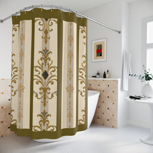 Vintage Floral Shower Curtain - Luxurious Home Décor for Classy Bathrooms - Olive Striped Gold Damask