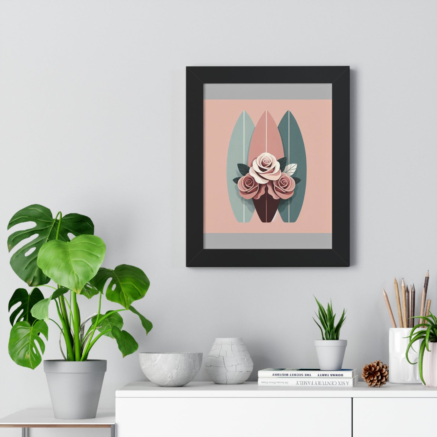Vertical Poster - Burgundy, Matte Mauve & Teal Surfboard & Roses Wall Art