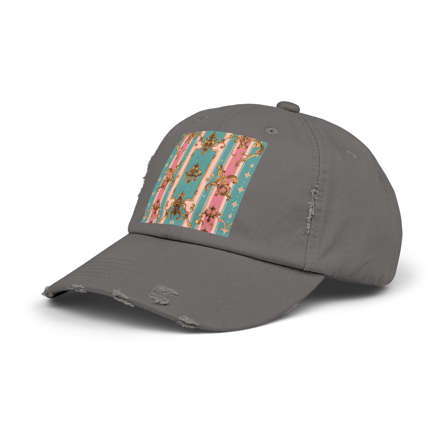 Stylish Unisex Distressed Cap with Floral Pattern, Casual Hat, Trendy Headwear, Summer Accessory - Pink & Matte Turquoise Striped Rococo