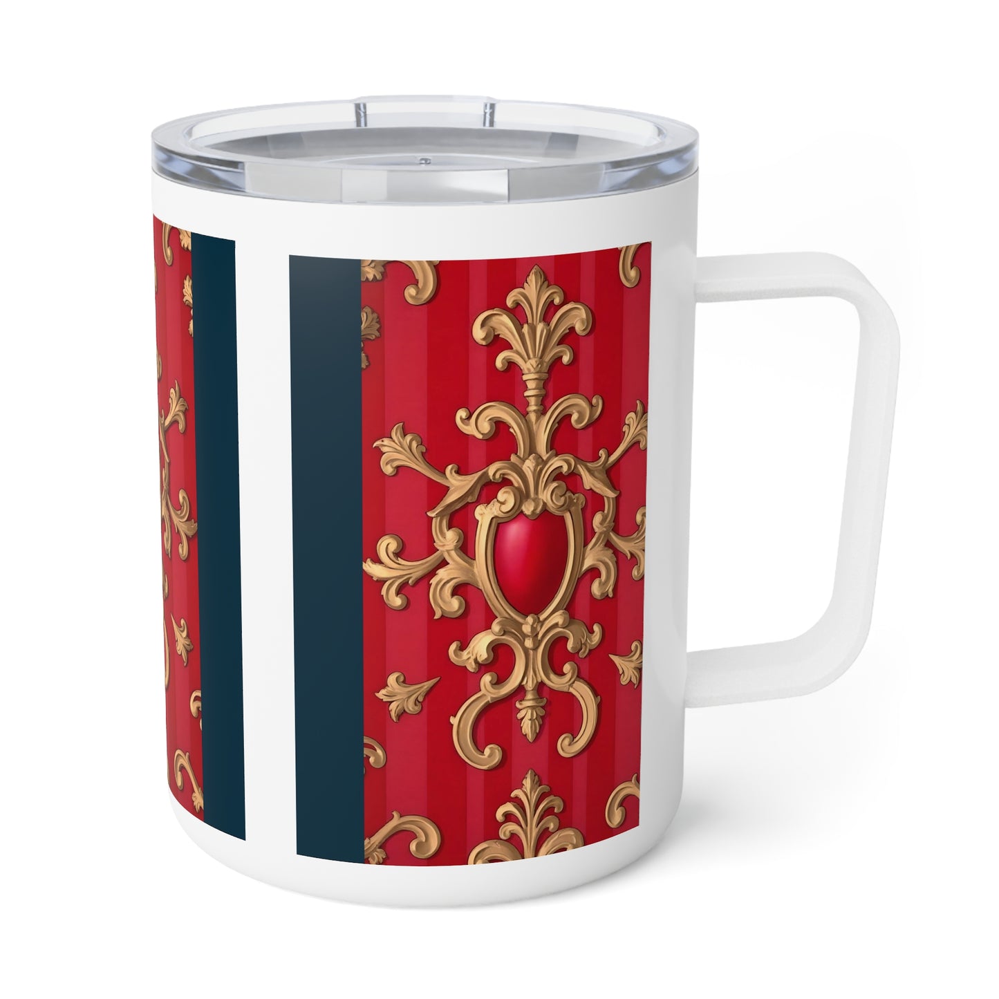 Ornate Insulated Coffee Mug - Elegant Retro Design for Home, Office or Gifts, Tea Lover, Holiday Mugs - Blue, Red & White Striped Baroque