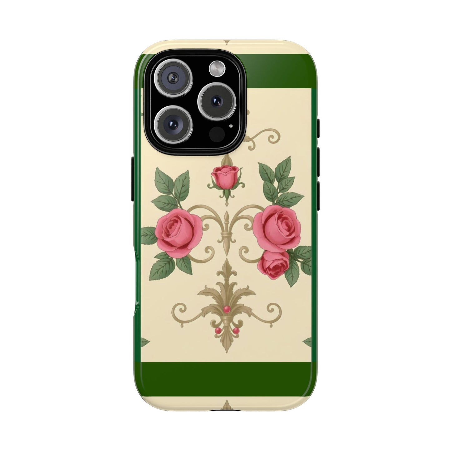 Elegant Floral Motif Phone Case - Tough Cases with Vintage Design - Green Border Roses & Damask