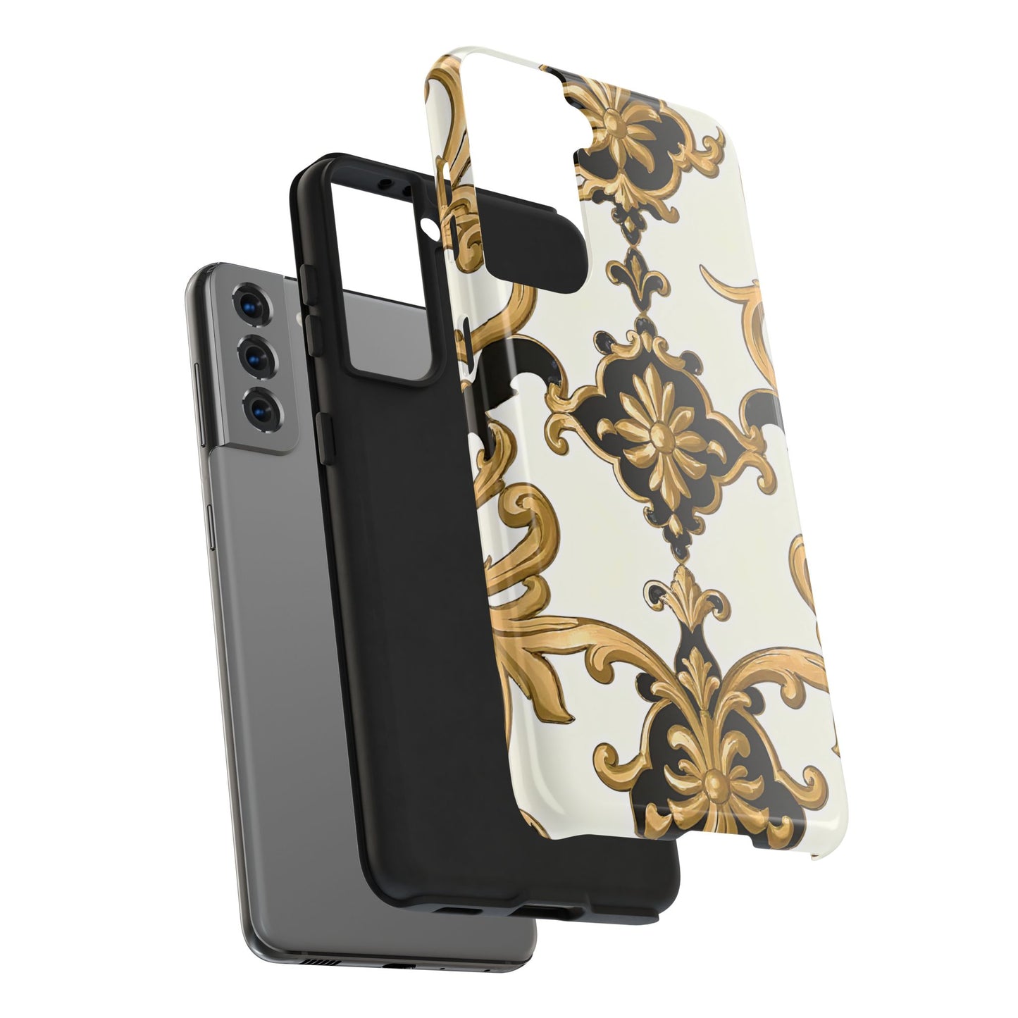 Elegant Floral Tough Phone Cases, Durable Phone Cover, Stylish Phone Accessories, Gift for Her, Chic Phone Cases - Black & Gold Rococo