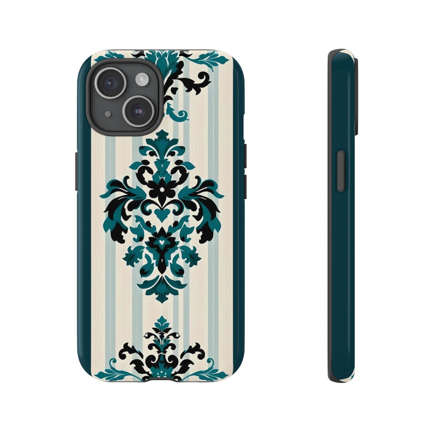 Elegant Floral Phone Case - Tough Cases with Vintage Design - Teal Striped Damask