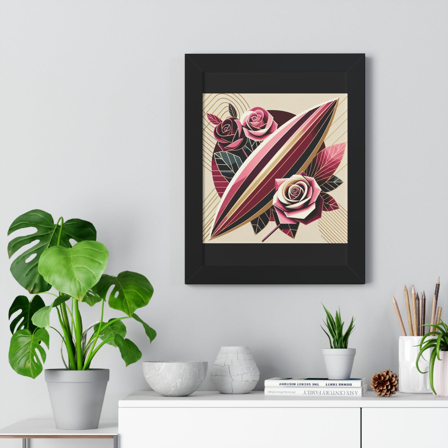 Vertical Poster - Pink & Burgundy Striped Surfboard & Roses Wall Art
