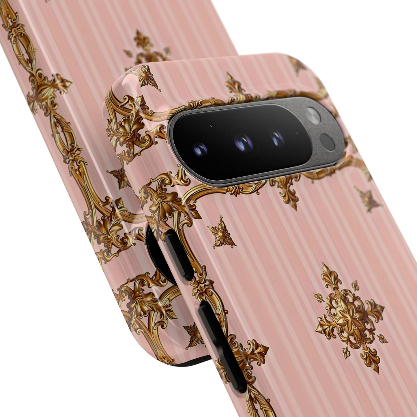 Elegant Floral Phone Case, Tough Cases for Women, Trendy Phone Cover, Chic Gift - Pink Striped Gold Baroque