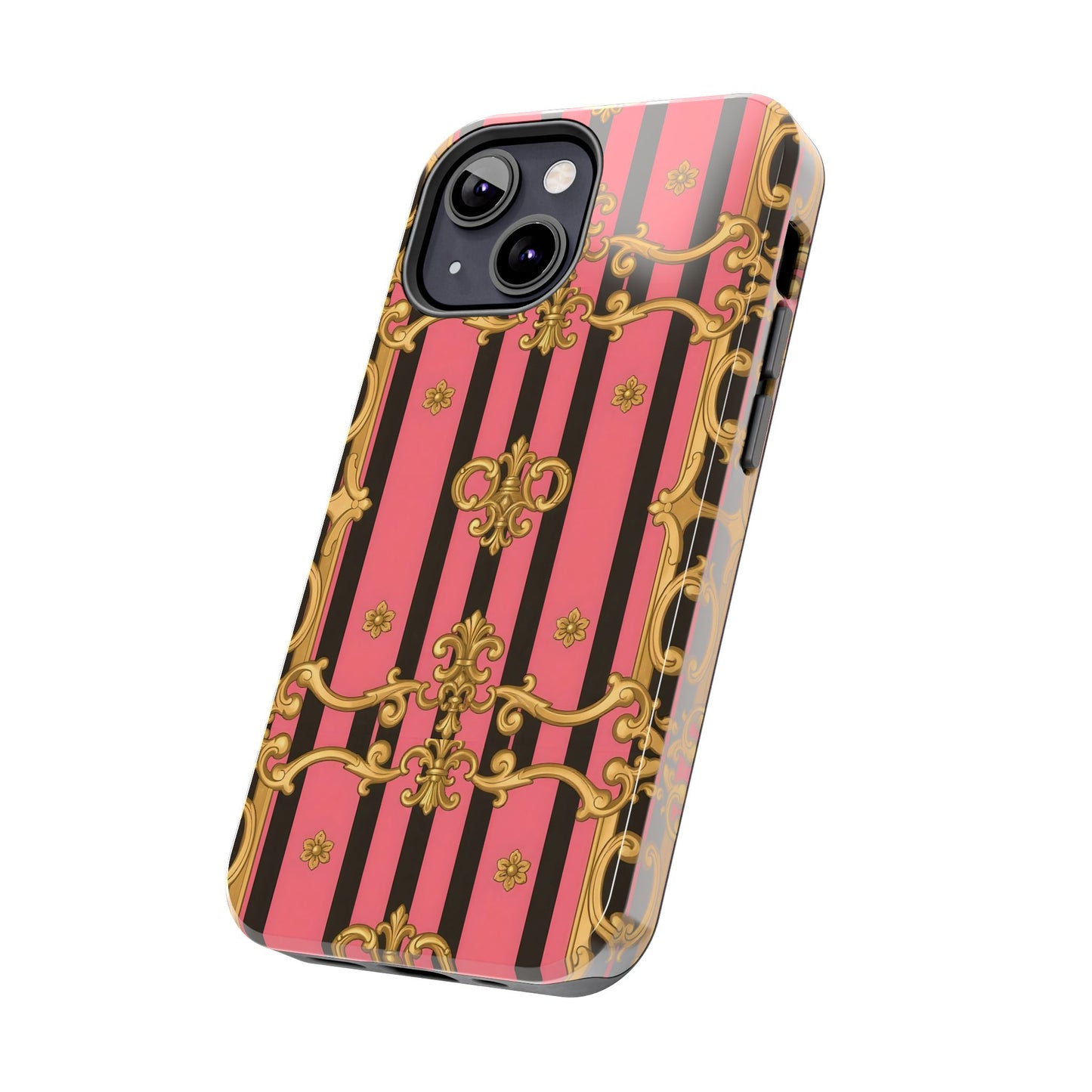 Elegant Baroque Tough Phone Cases, Stylish Protection, Gift for Her, Trendy Accessory - Pink & Black Striped Gold Baroque