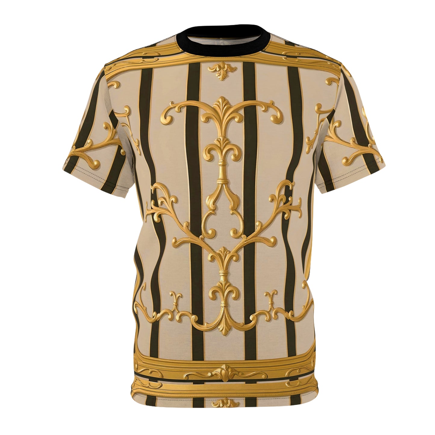 Luxurious Baroque Unisex Tee, Gold and Black Fashion Shirt for Casual Wear - Beige Striped Gold Rococo