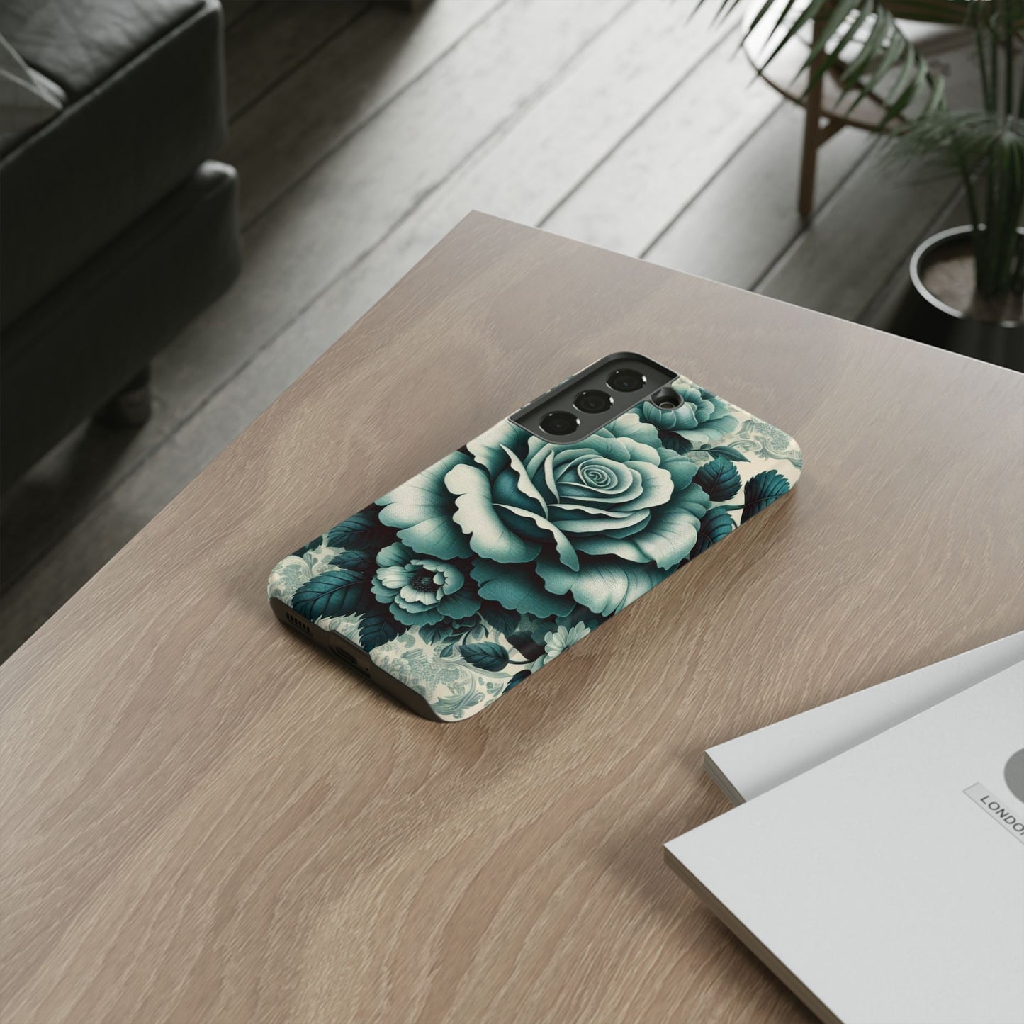 Elegant Floral Motif Phone Case - Tough Cases with Vintage Design - Teal Roses & Damask