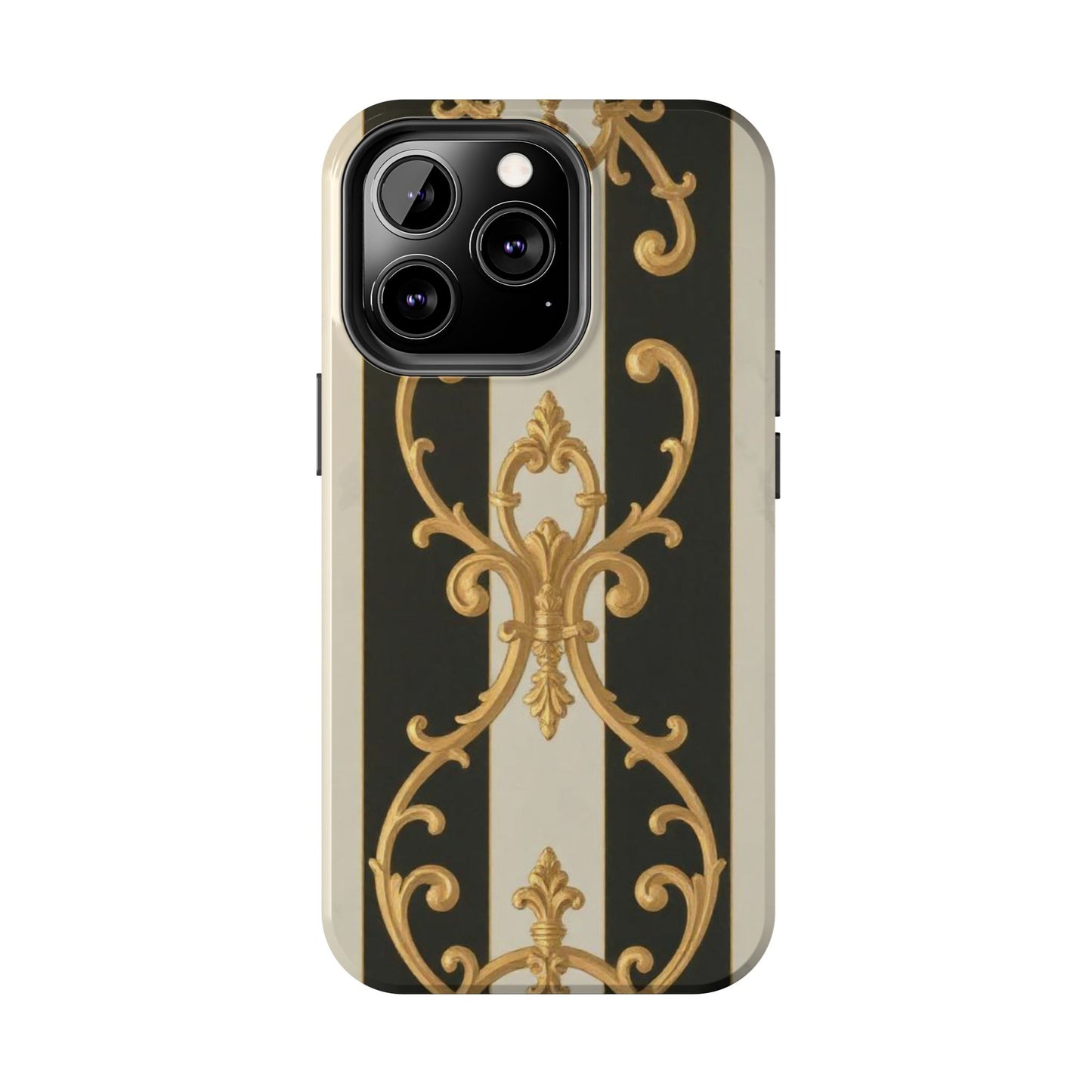 Elegant Black & Alabaster Striped Baroque Tough Phone Cases - Chic Protection, Black Gold Decor, Stylish Accessory, Gift for Her, Trendy Tech