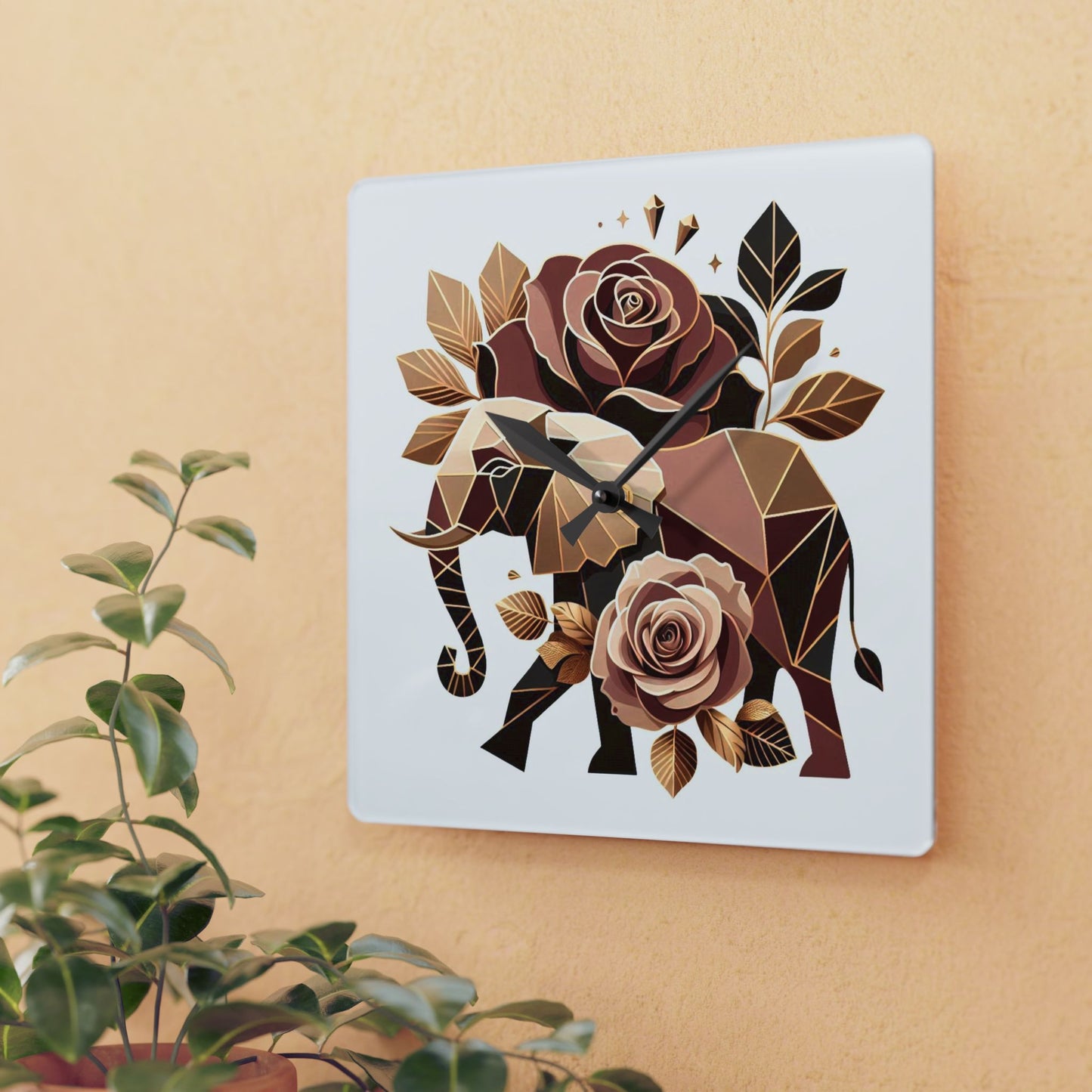 Bohemian Elephant-Inspired Acrylic Wall Clock with Floral Design - Brown & Gold Elephant & Roses Design