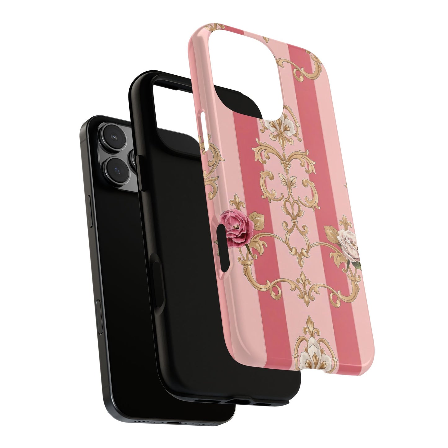 Elegant Floral Motif Phone Case - Tough Cases with Vintage Design - Pink Striped Roses & Damask