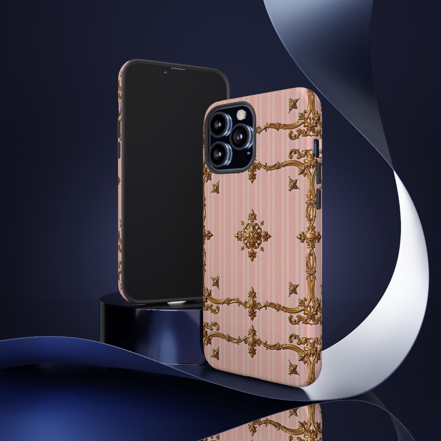 Elegant Floral Phone Case, Tough Cases for Women, Trendy Phone Cover, Chic Gift - Pink Striped Gold Baroque