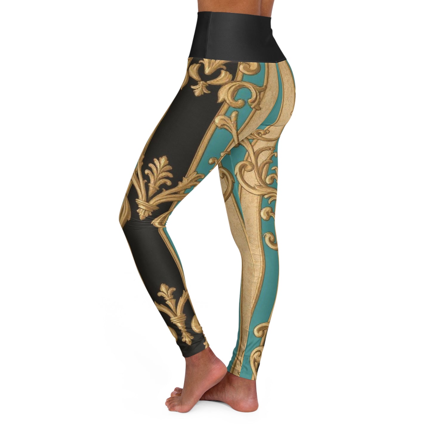 Elegant Black, Tan & Ocean Green Striped Gold Baroque High Waisted Yoga Leggings - Stylish Activewear, Fitness Fashion, Workout Gear